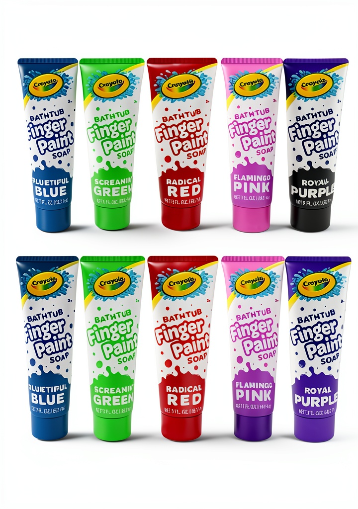 Crayola Bathtub Finger Paint bottles in assorted colors displayed on a bathroom tile