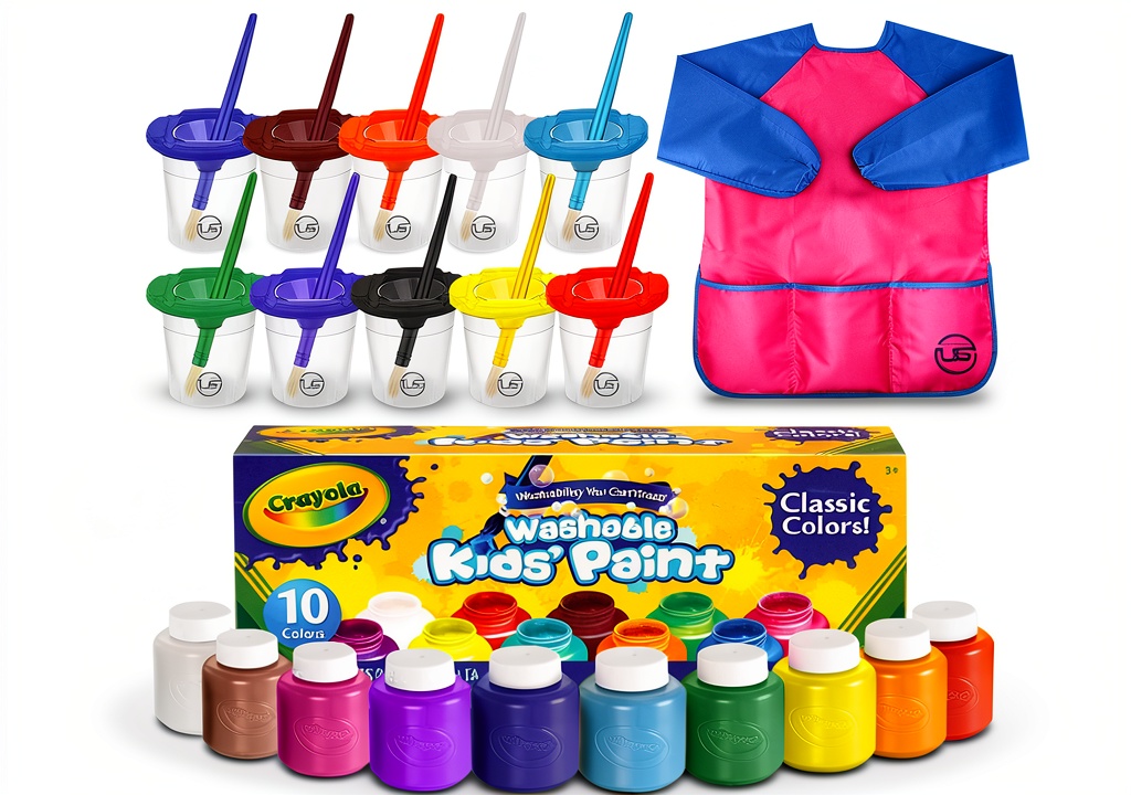 The Mega Deals Kids Christmas Paint Set with paints, cups, and smock displayed on a table