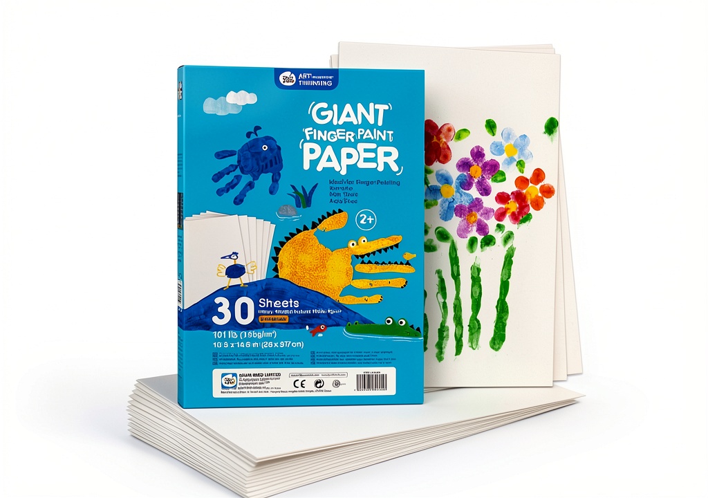 Jar Melo finger paint paper sheets displayed on a table with colorful paints