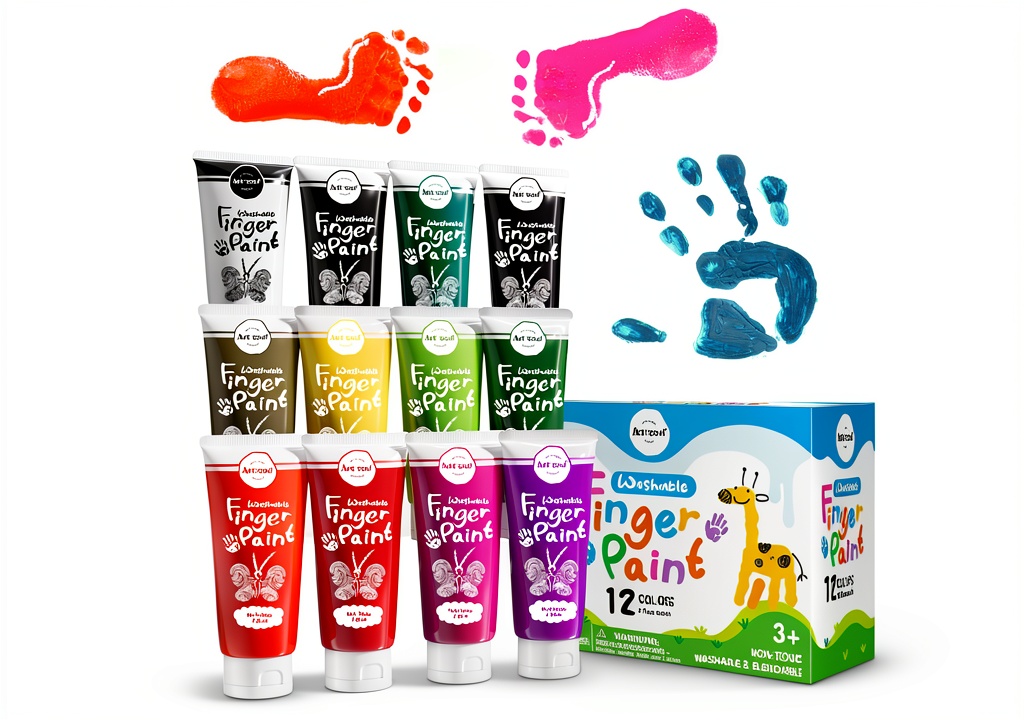 Art+soul Washable Finger Paint 12-color set displayed with art projects