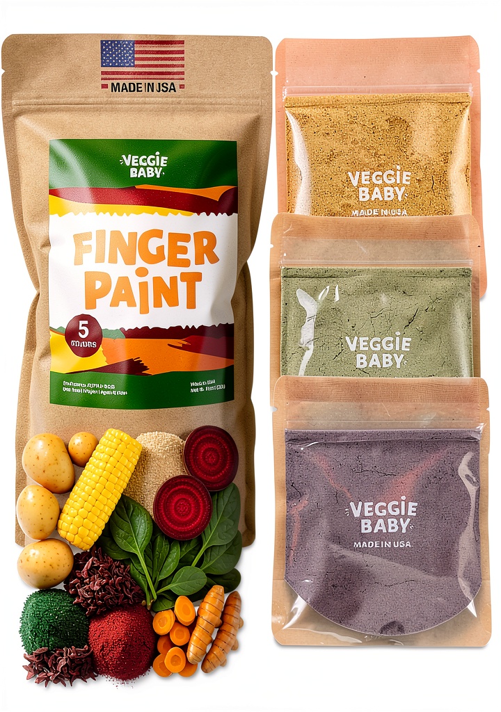 Veggie Baby Finger Paint Powders in assorted colors on a craft table