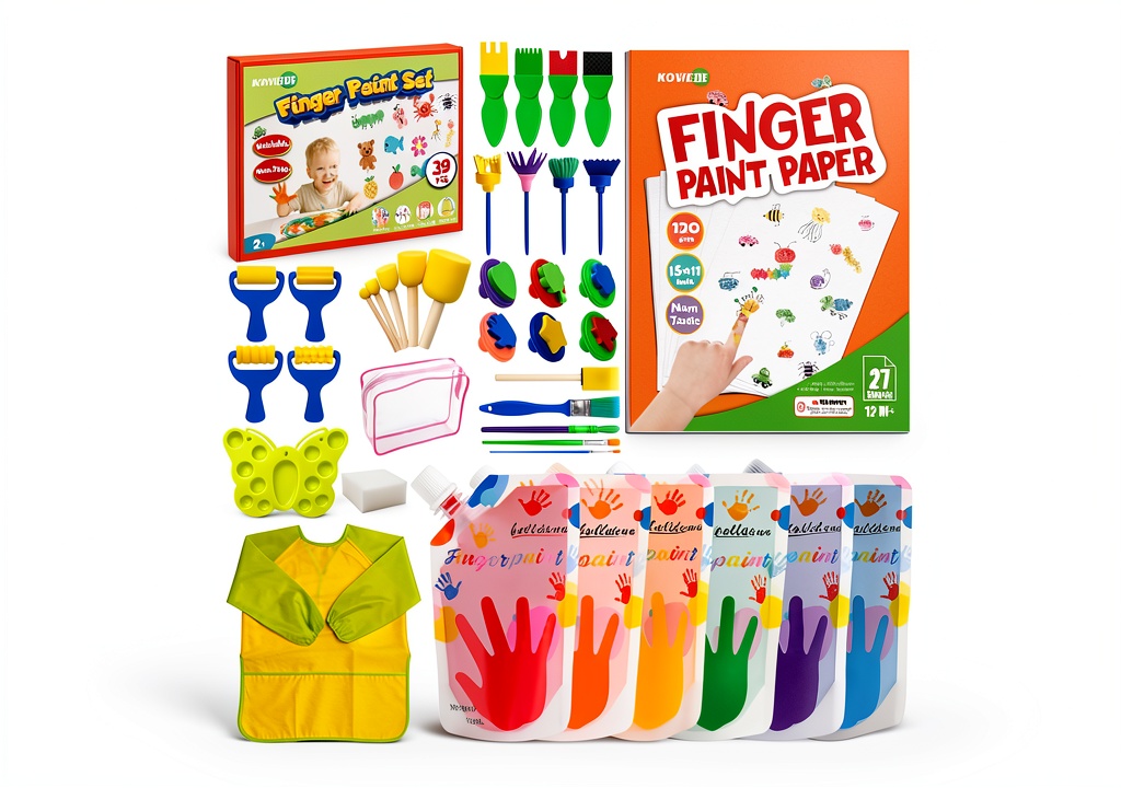 KOVIEDE finger paint kit with colorful paints and tools displayed