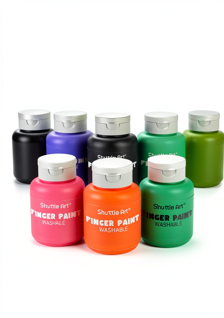 Shuttle Art finger paint bottles displayed with colorful art projects